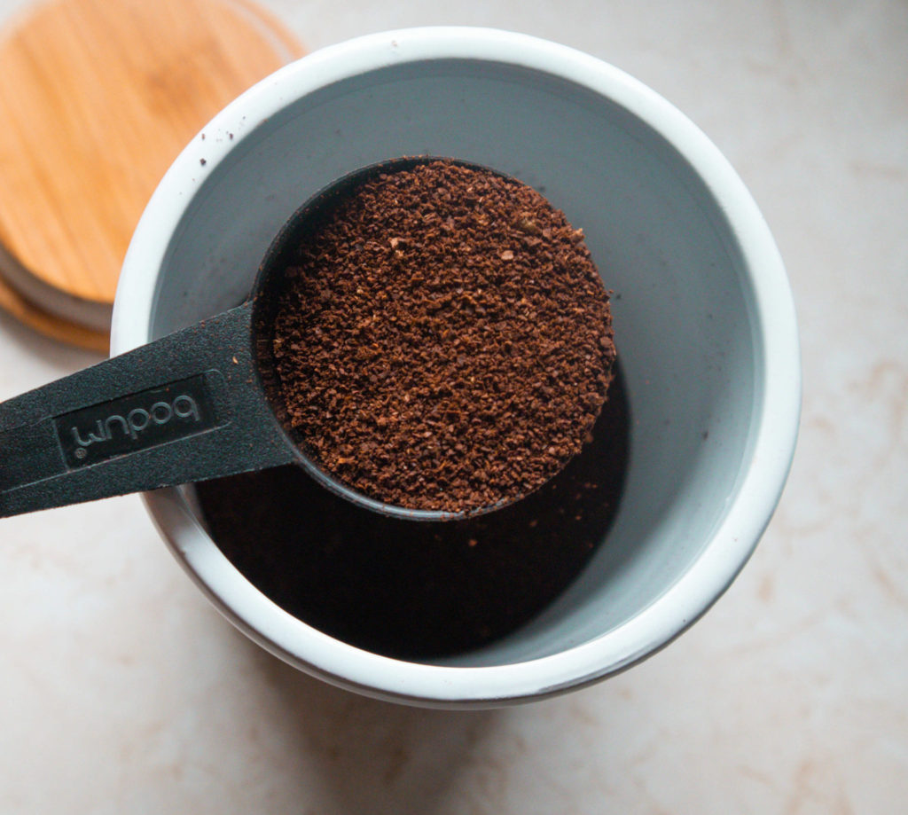A spoon helps to get the correct coffee to water ratio.