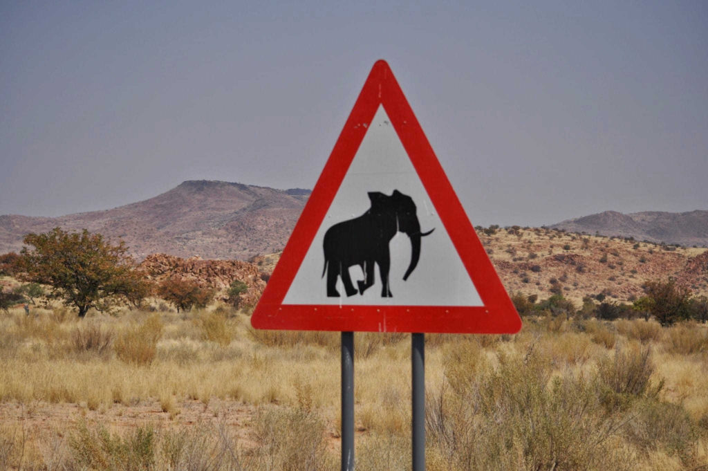 A sign in Africa with an Elephant and a mountain behind it.