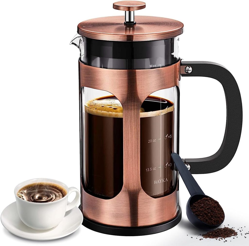 Here is what we will talk about in this BAYKA French Press Coffee Maker Review. I love the copper details.