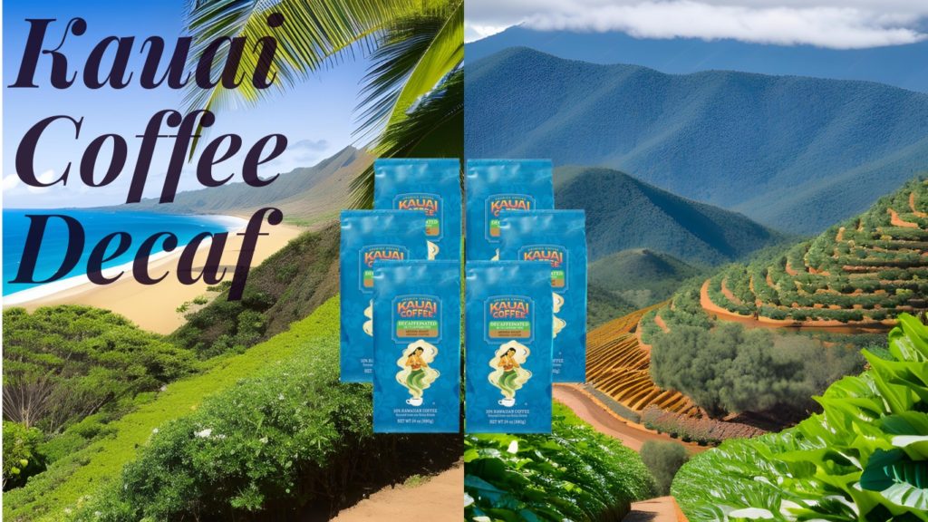 Featured image Kauai Coffee Decaf Review showing the beach and a coffee farm on Hawaii and the Kauai coffee bags