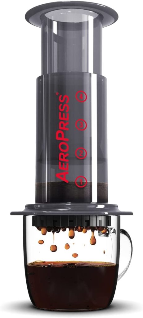 Learn how to use AeroPress like this one on the image to brew a nice cup of coffee