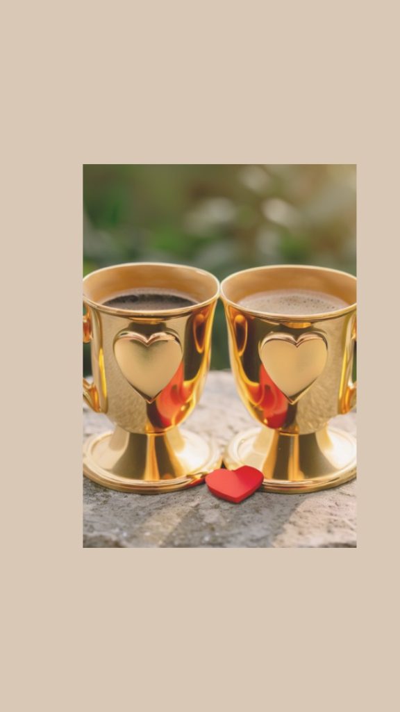 A good morning coffee illustrated with two golden coffee cups and a lot of hearts.