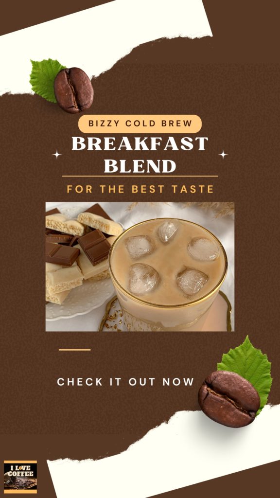 Image of a cold brew it a glas on brown background, and the text "Bizzy cold brew breakfast blend for the best taste". 