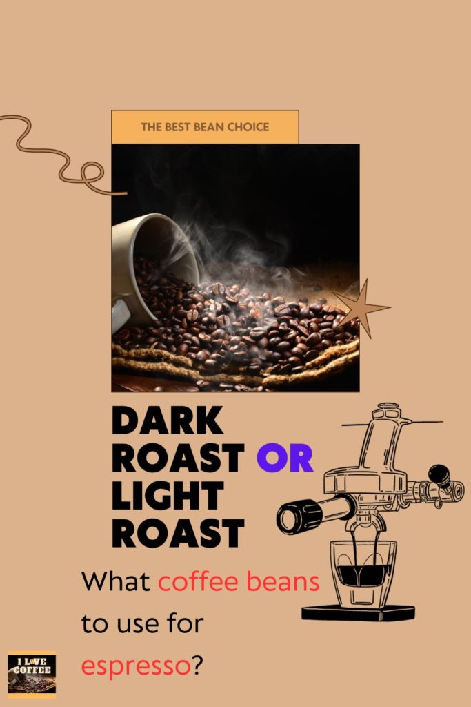 Espresso beans and the text "Dark Roast or Light Roast: what coffee beans to use for espresso?" on beige background