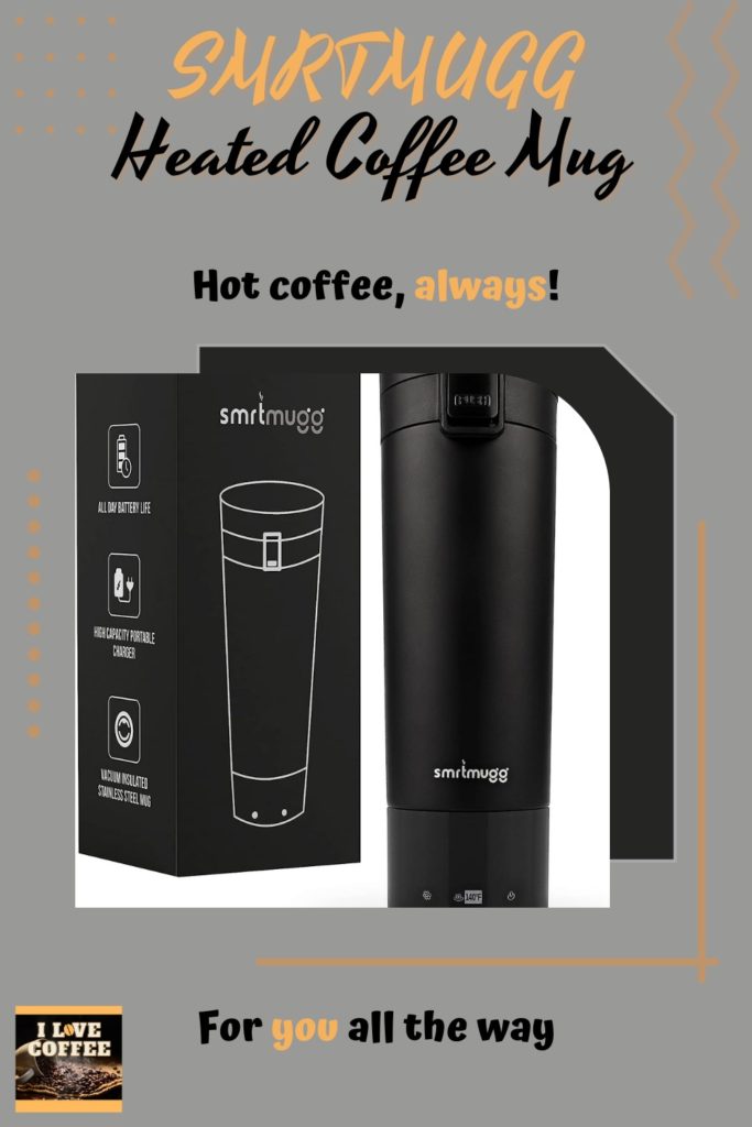 The smart mug and the text "SMRTMUGG Heated Coffee Mug" on gray background