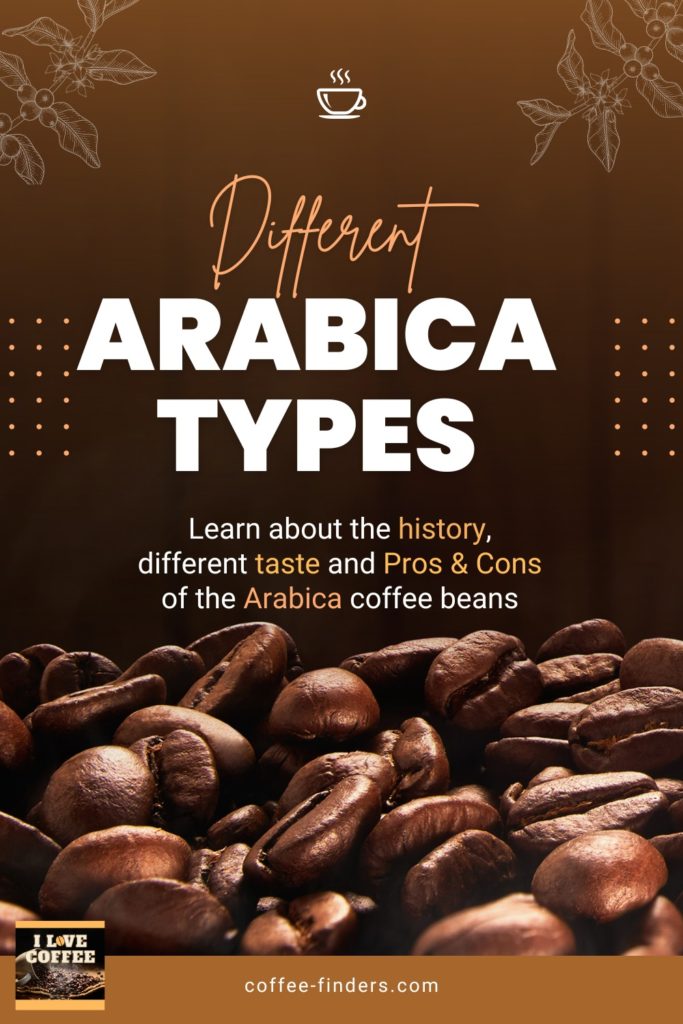 Coffee beans close up and the title of this post "Different Arabica types" on brown background