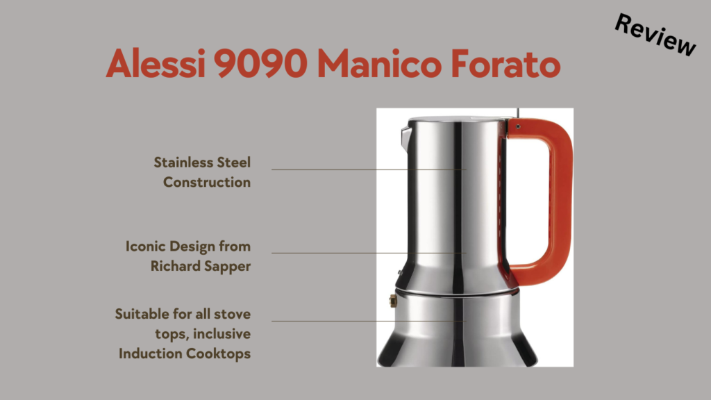 Showing the moka pot and the text "Alessi 9090 Manico Forato review" on grey background