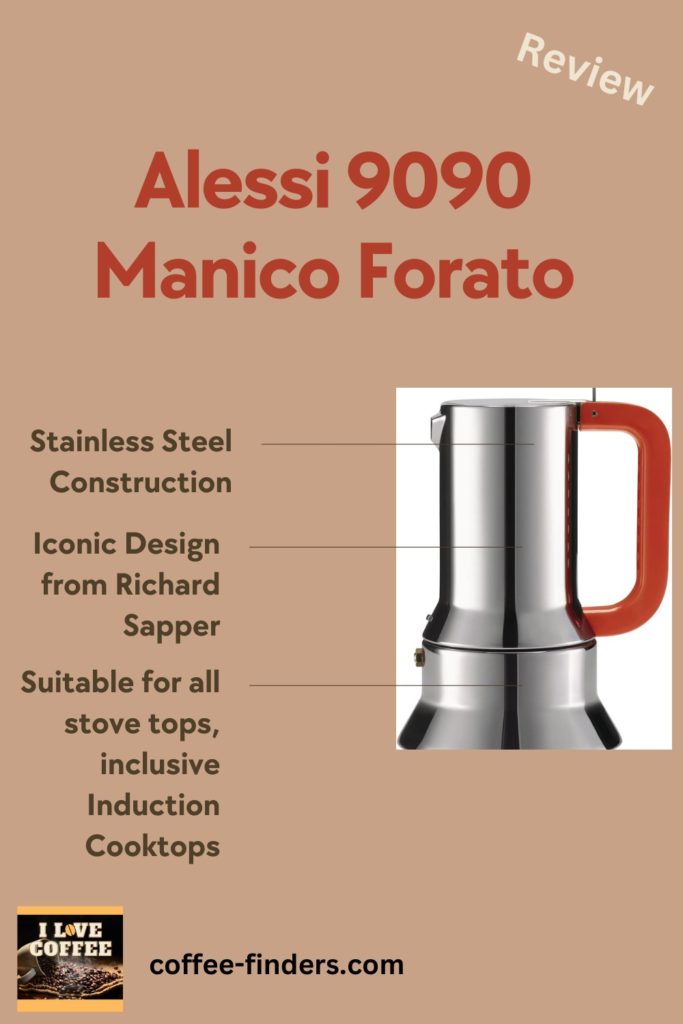 The pin image for Alessi 9090 Manico Forato review, showing the moka pot on beige background