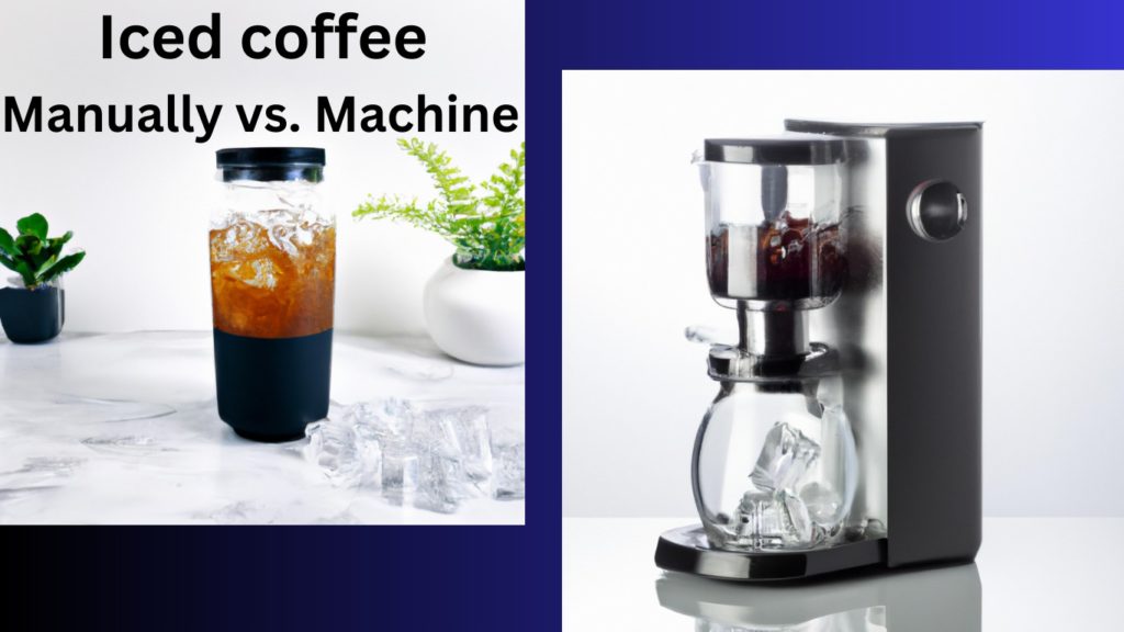 Featur4ed image for the post Are Iced Coffee Makers Worth It showing a manually way and a machine way to brew it on a blue background