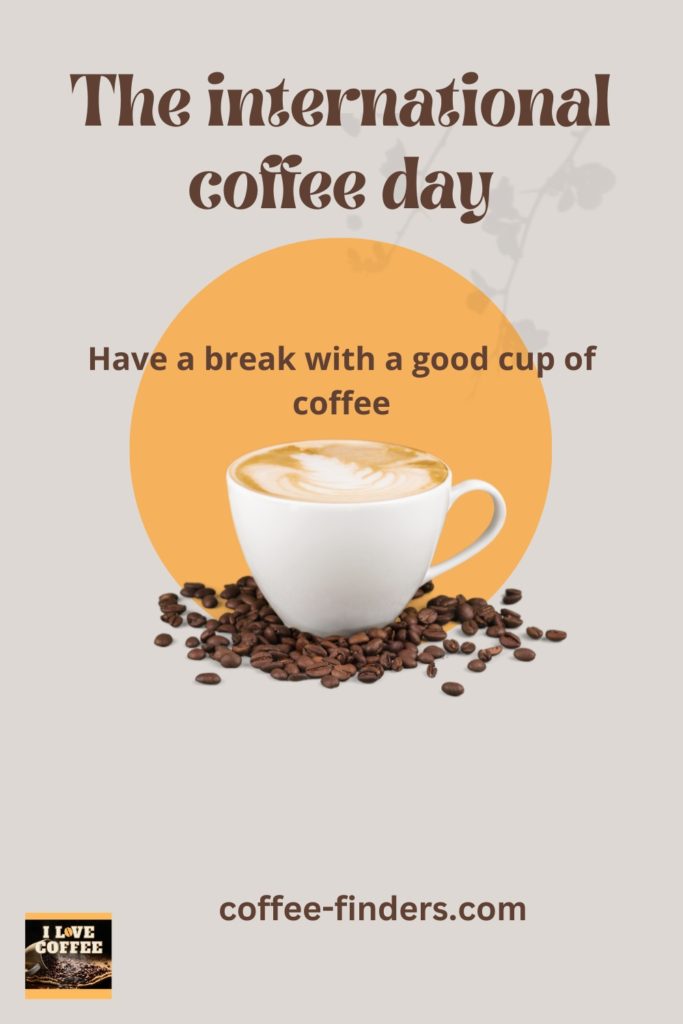 Pin to illustrate Important International Coffee Day Events showing a coffee with cappuccino and a sunny background