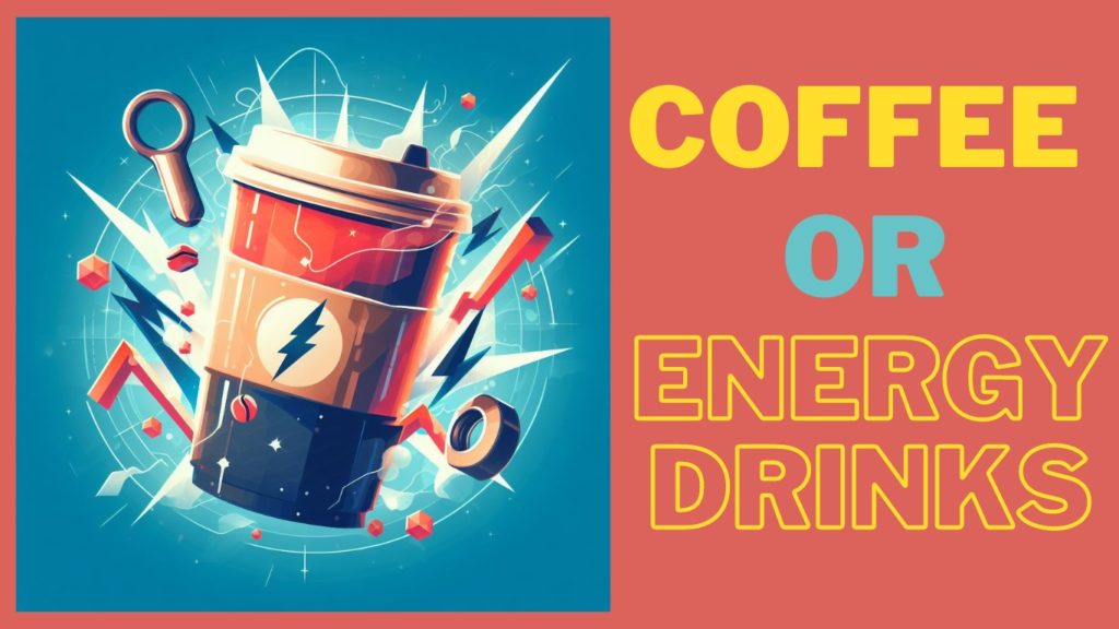 Featured image for the post: coffee or Energy Drinks, showing a fancy energetic coffee cup on blue metallic background