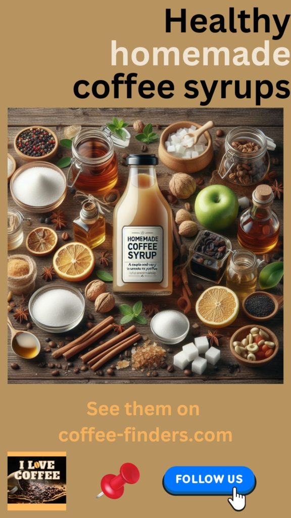 Healthy homemade coffee syrups pin showing things to use in a recipe for coffee syrup