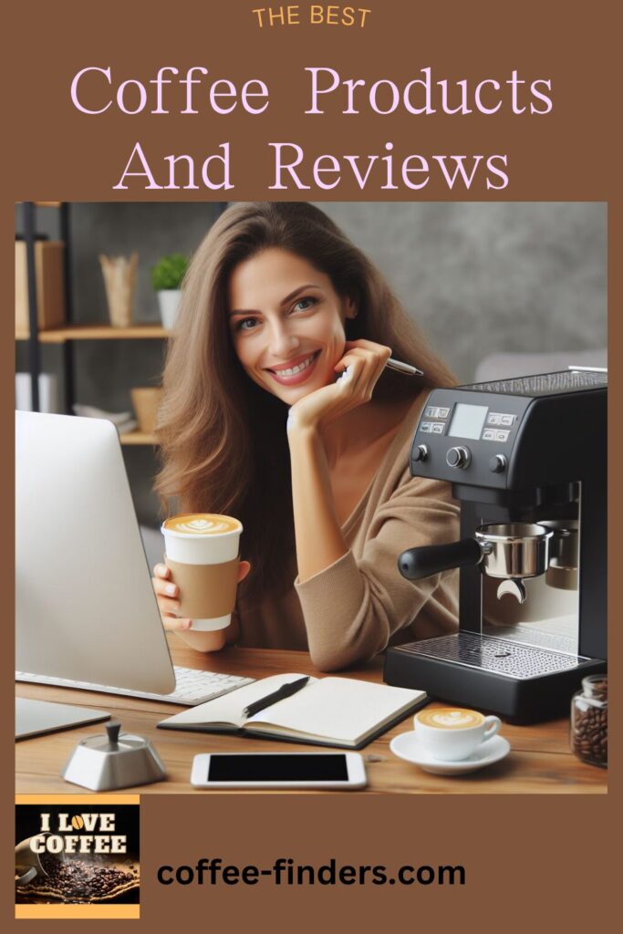 Best Coffee Products And coffee Reviews pin that illustrates a woman over her PC next to a espresso machine writing a review