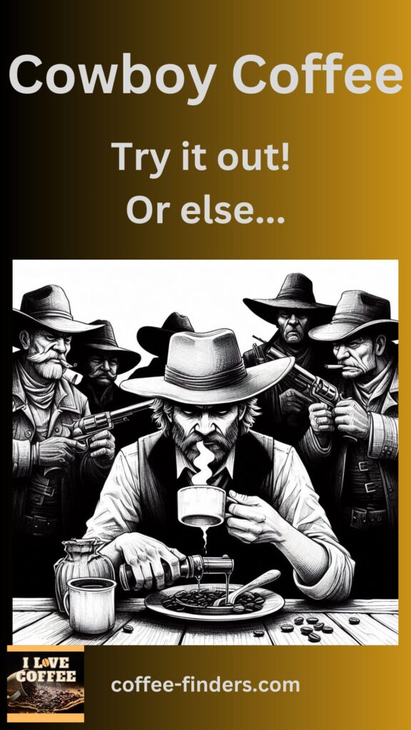 A cowboy drinking cowboy coffee and some bad guys waiting behind him. Image in black/white on a yellow background