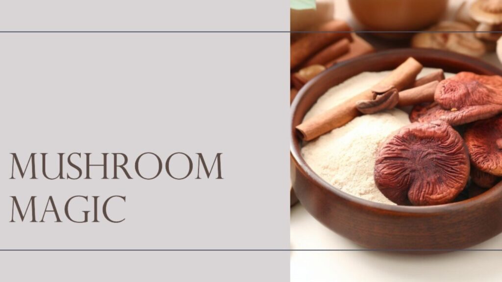 A image of mushrooms and powder in a bowle, and the text "Mushroom Magic" to ilustrate this post about How to Use Reishi Mushroom Powder for Health and Wellness.