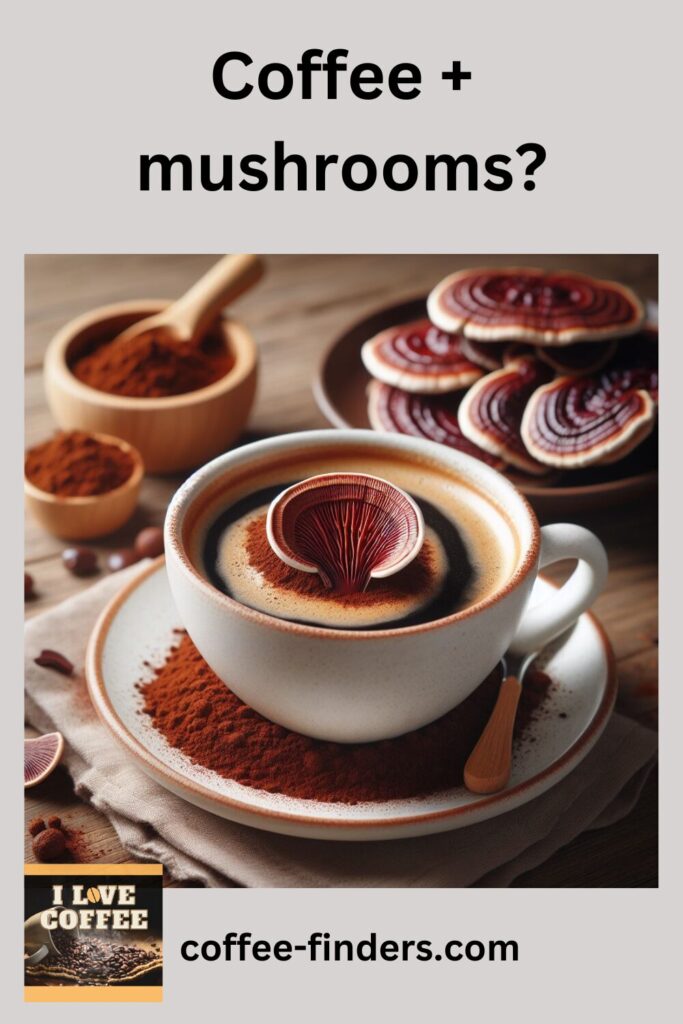 Pinterest image for the post How to Use Reishi Mushroom Powder for Health and Wellness showing a coffee with mushrooms in