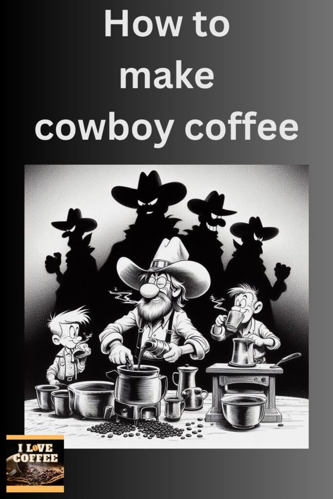 Pinterest image for the article how to make cowboy coffee showing them brewing their coffee. Grey background.