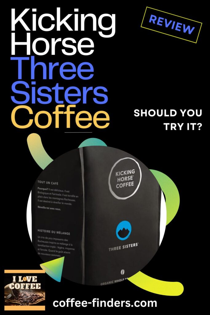 Kicking Horse Three Sisters Coffee featured  Pin showing the coffee bag on black background