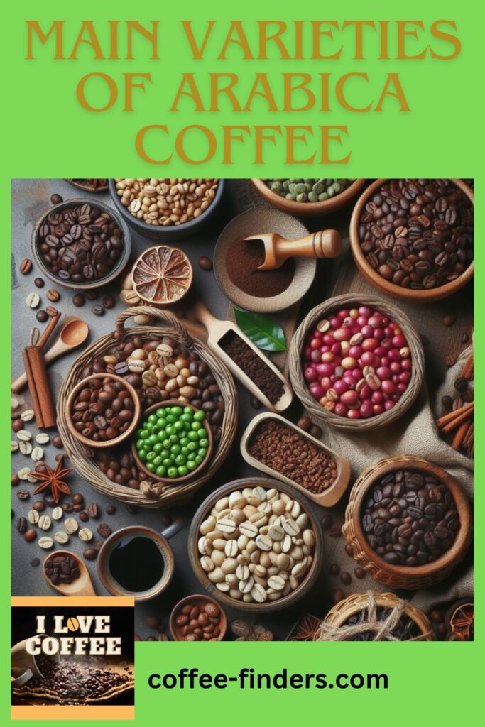 Pin image of different bean types and the text Main Varieties of Arabica Coffee, on green background