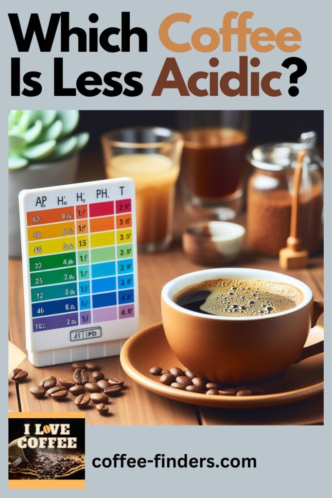 A Which Coffee Is Less Acidic pin showing a Ph scale and a cup of coffee