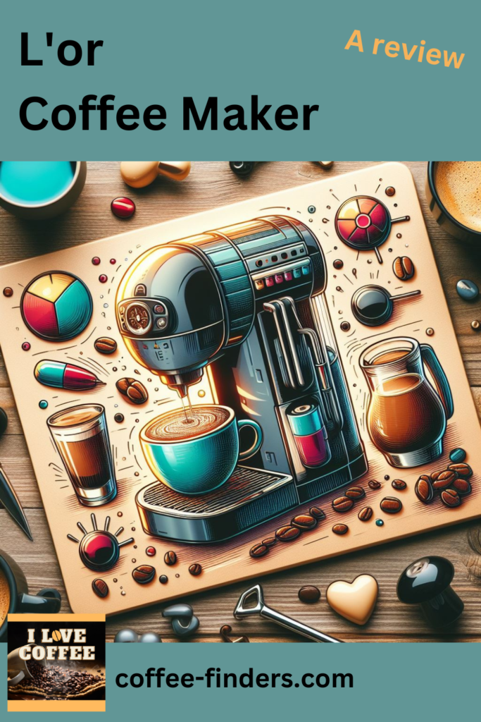 Pinterest image for the post L'or coffee maker review, showing a drawing of a coffee/espresso machine with blue fframe