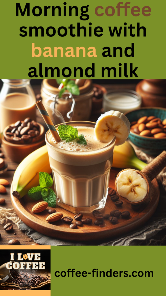 Pinterest pin showing a Morning coffee smoothie with banana and almond milk on nice fresh green background