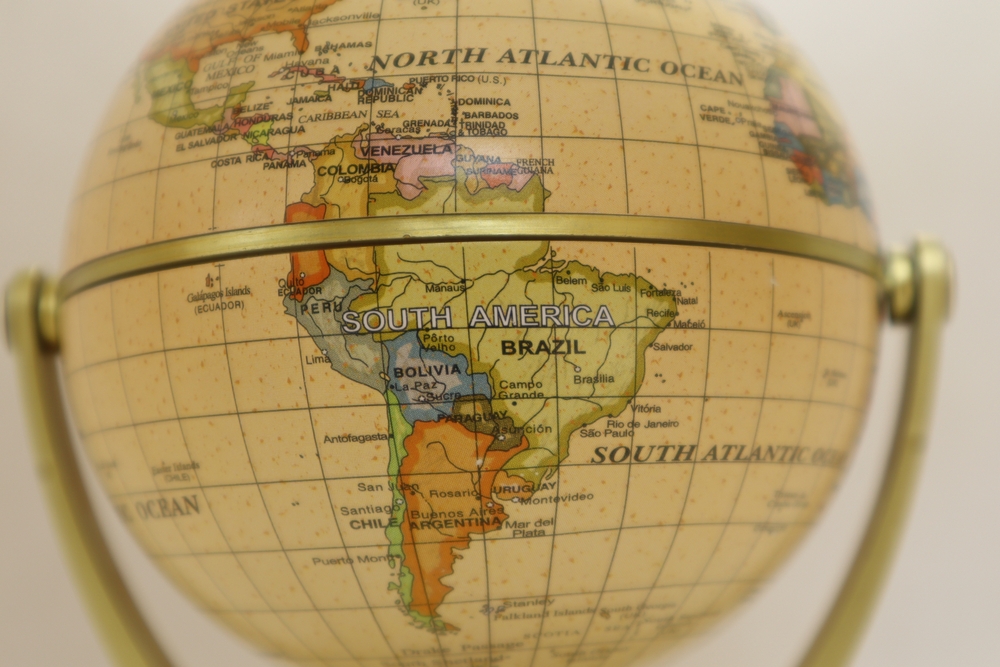 A map of south America on a globe, to show what the article best coffee from South America is about