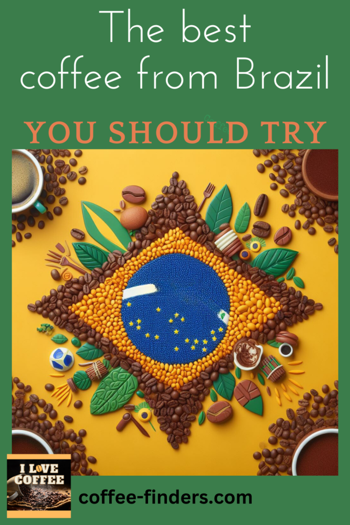 best coffee from Brazil Pin showing Brazil made with coffee in strong yellow and green colors
