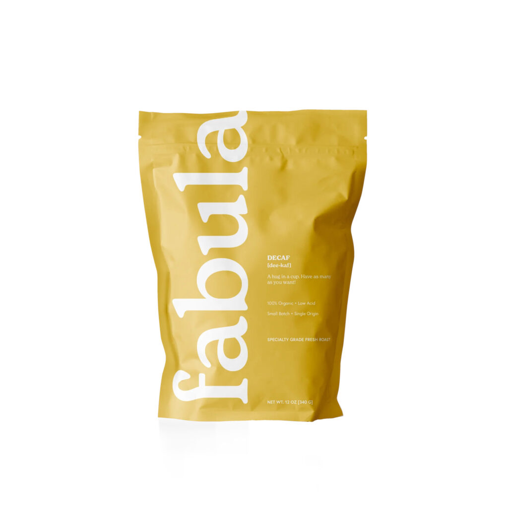 Fabula Coffee Review image showing the decaf alternative from them in a nice yellow bag