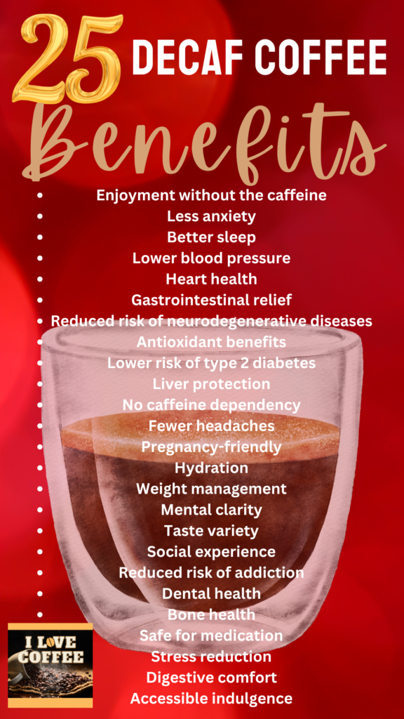 Pinterest image showing a glass espresso cup on red background, with the title 25 decaf coffee benefits and the list under. 