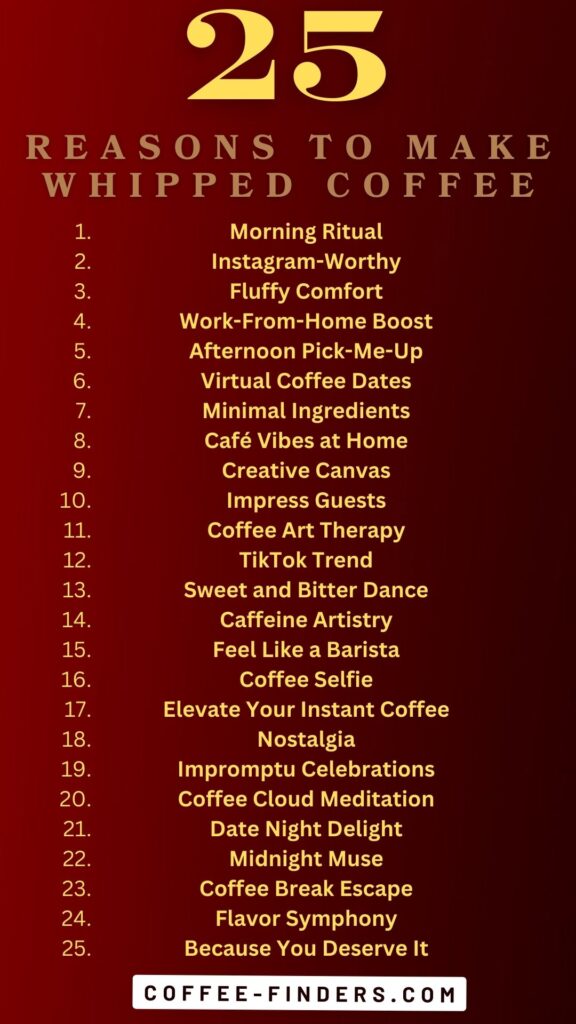 image of a list on 25 reasons to make whipped coffee on a velvet red background