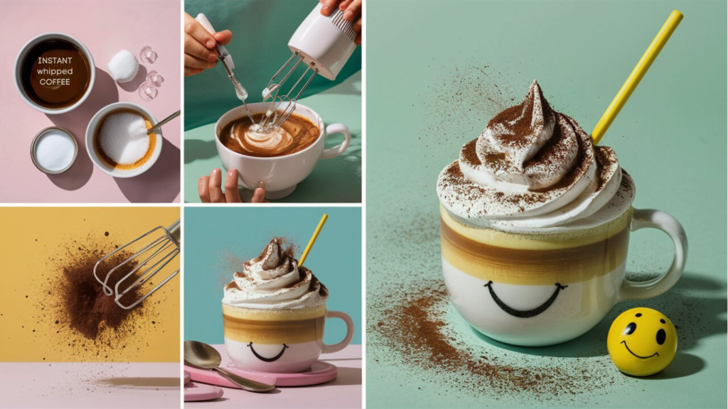 a collage of different images of a cup of whipped coffee