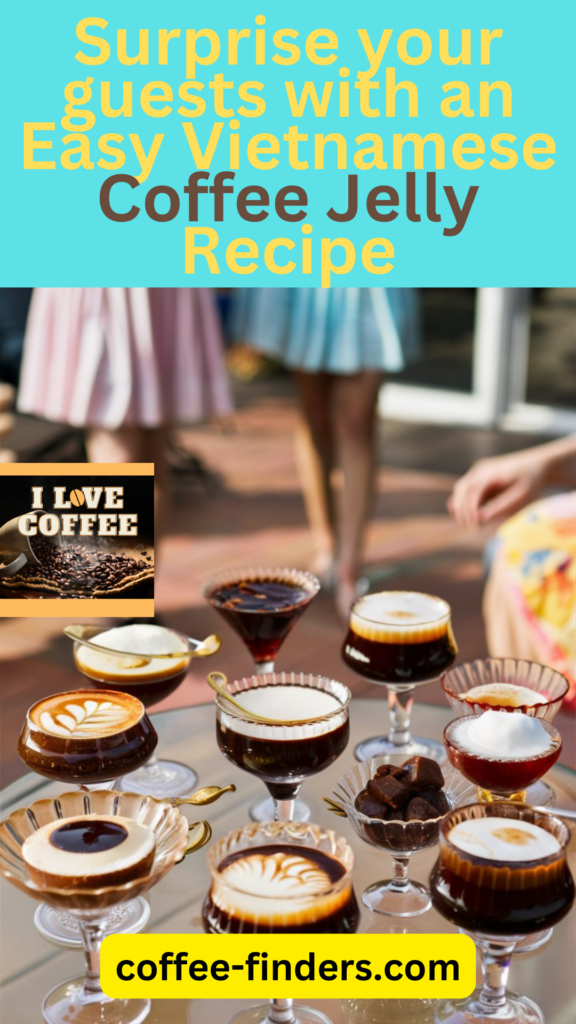 Pinterest image with the text "Surprise your guests with an easy Vietnamese coffee jelly recipe" and showing the dessert on a glass table outside.